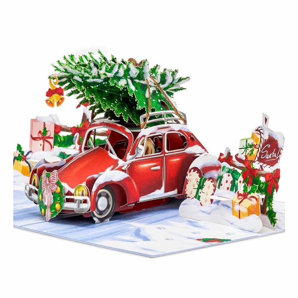 Christmas Car Pop Up Card, Red Car, Green Pine Tree, Snow, Santa, 3D